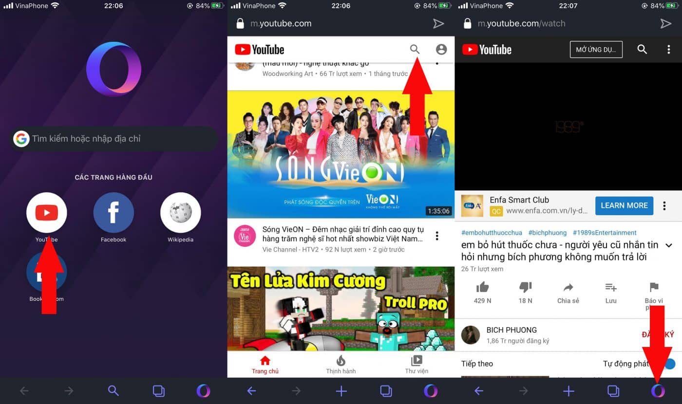 ấn vào logo của Opera