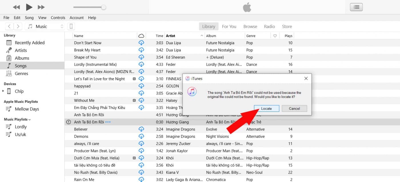 nhấn vào Locate