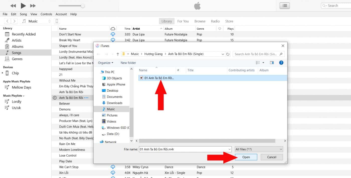 chọn file nhạc đã đổi tên