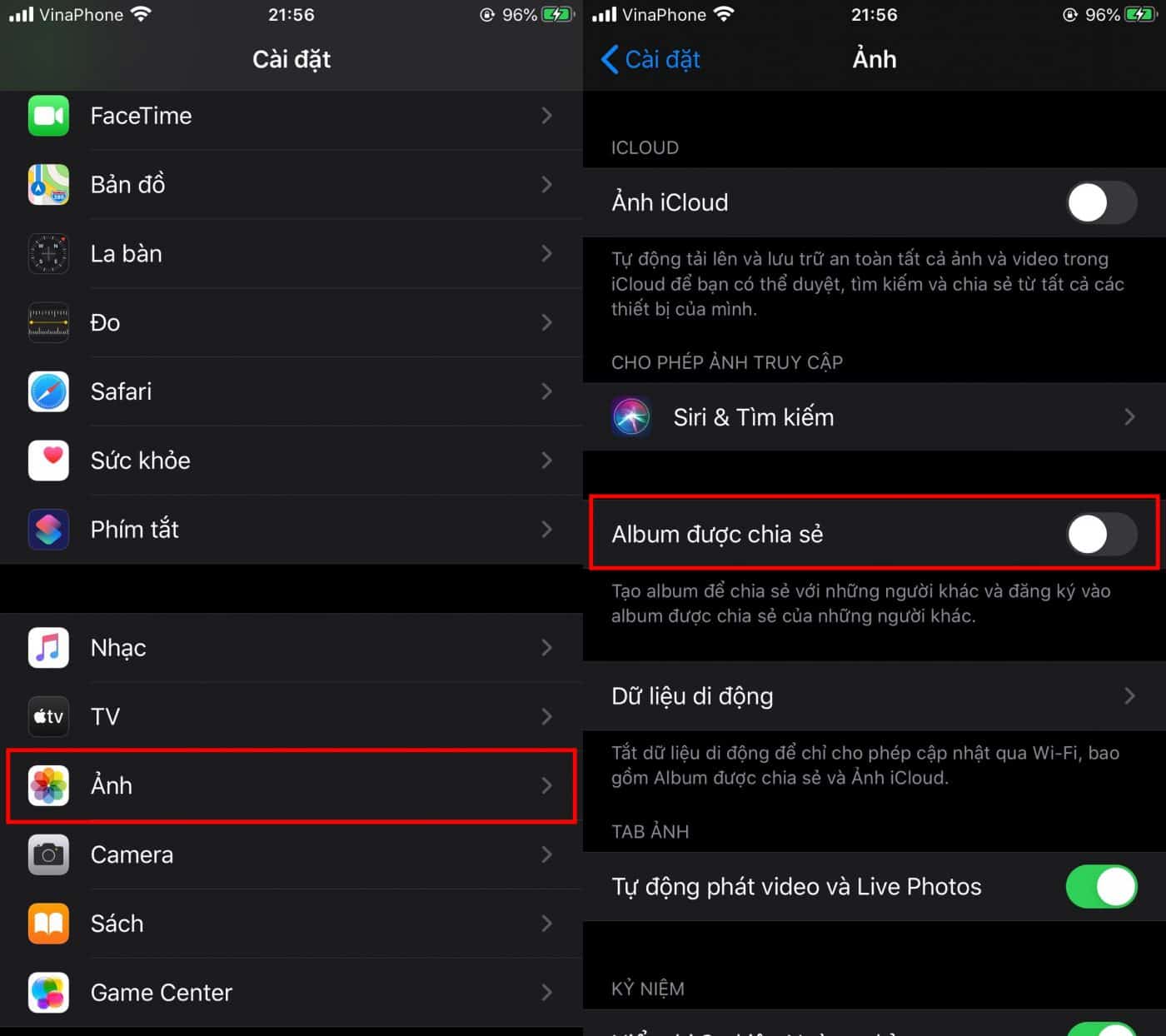 tắt album được chia sẻ