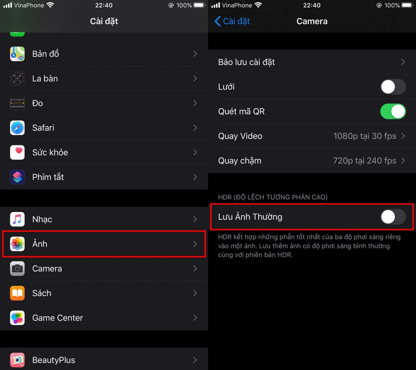 tắt tính năng HDR